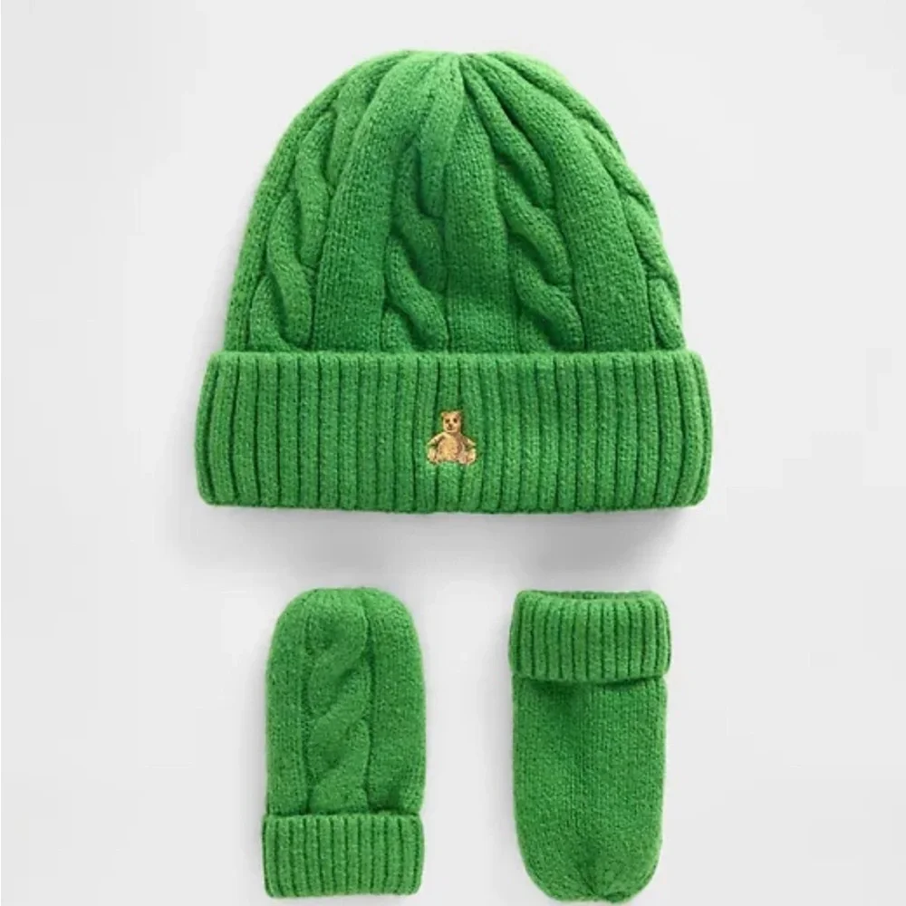 GAP Kids Green Knit Beanie Hat with Teddy Patch and mittens. 12 to 24 months